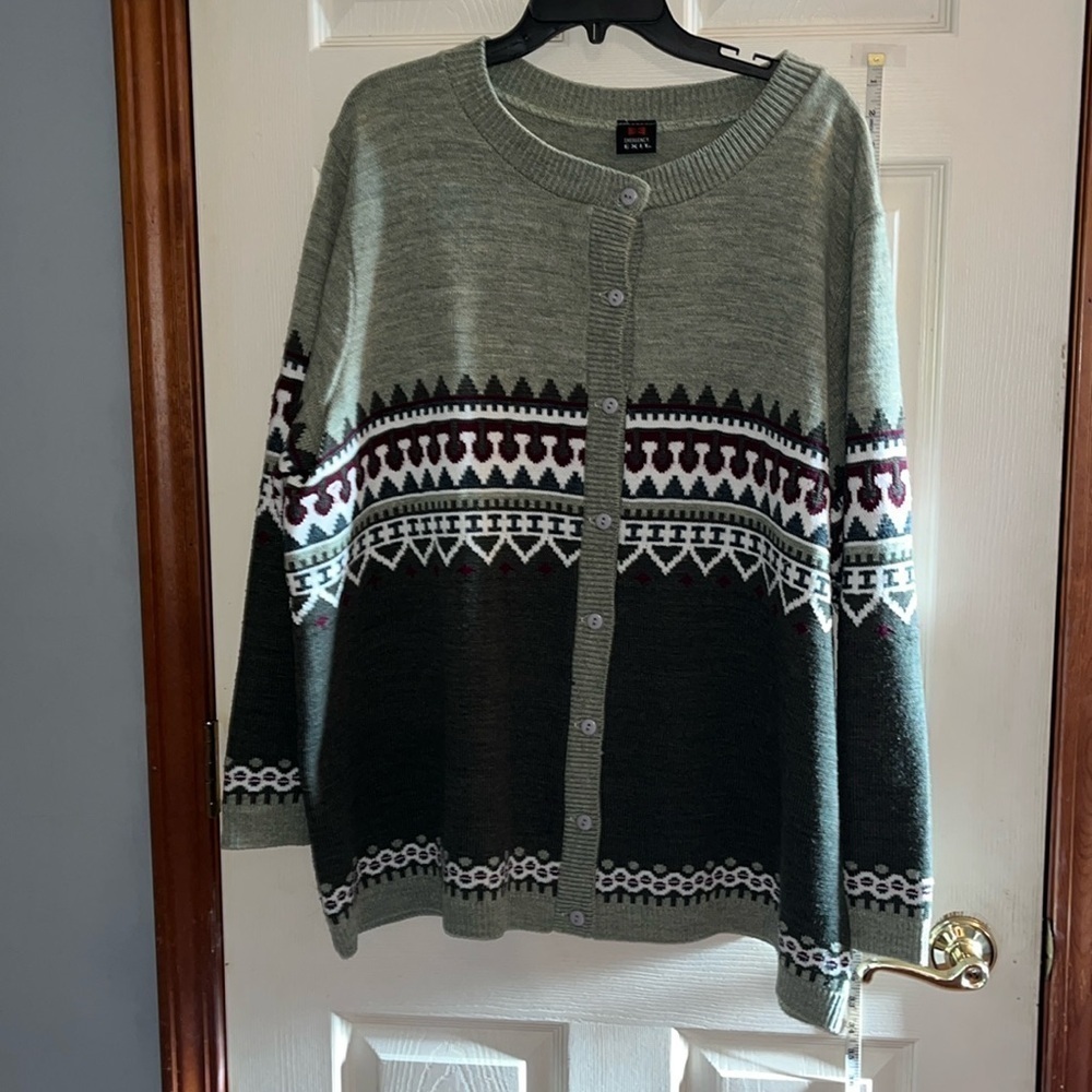 VTG-emergency exit-3X-green,burgundy,creamfair isle button down cardigan sweater
